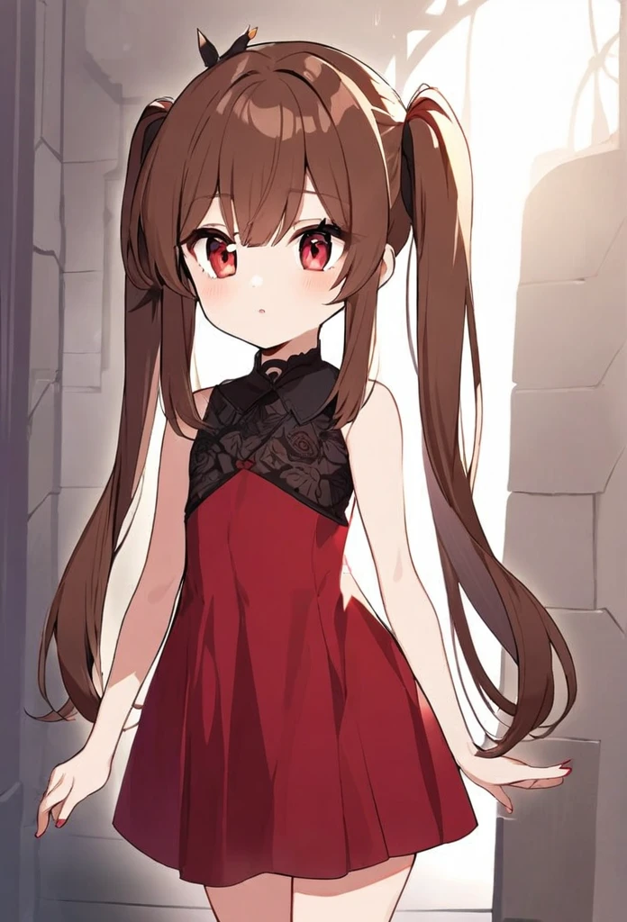 girl, brown hair, long hair, two ponytails on her head, ponytails on the sides of her head, red dress, short dress, red eyes 