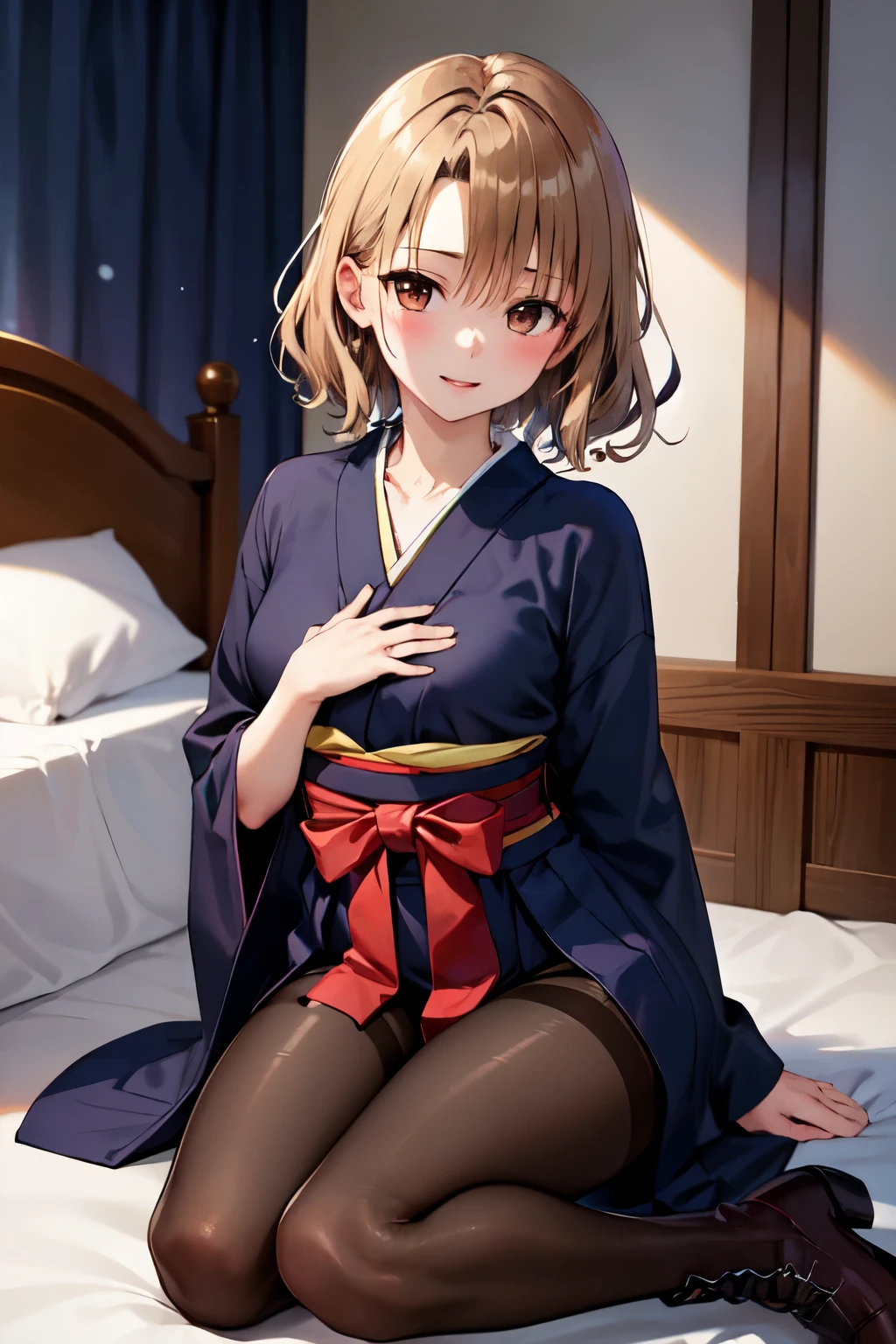 masterpiece, Highest quality, High resolution, One girl, alone, short hair, Brown Hair, Brown eyes, ((chest)), Bedroom、((Graduation Hakama))、((pantyhose))、(boots)、