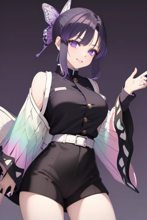 masterpiece, best quality,(detailed), 1girl, solo, kochou shinobu, butterfly hair ornament, purple eyes, multicolored hair, short hair, parted bangs,
haori, wide sleeves, long sleeves, black pants, black jacket, belt,
sexy, smile, from below, fingering, schlick, masturbation