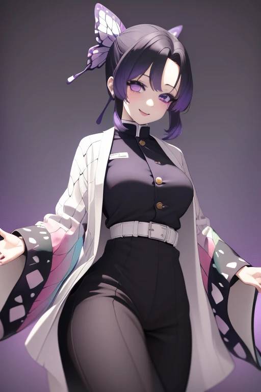 masterpiece, best quality,(detailed), 1girl, solo, kochou shinobu, butterfly hair ornament, purple eyes, multicolored hair, short hair, parted bangs,
haori, wide sleeves, long sleeves, black pants, black jacket, belt,
sexy, smile, from below, fingering, schlick, masturbation