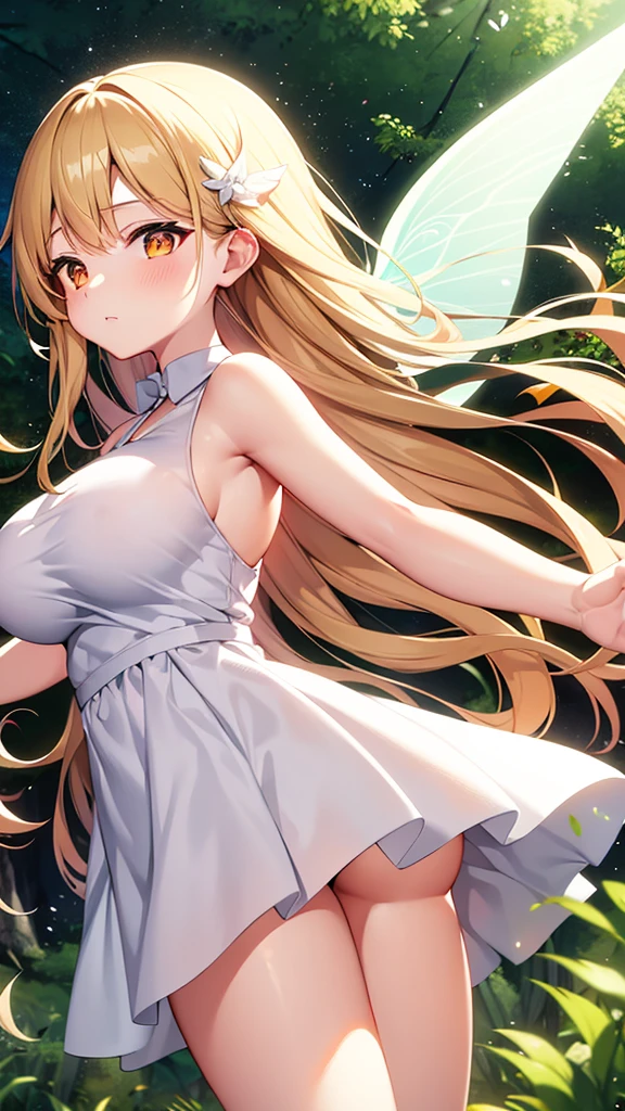 Showing the whole body, cute, baby face, big breasts, flying in the sky, in the forest, simple white dress, long hair, alone, short, fairy wings, honey blonde hair, orange eyes, flying