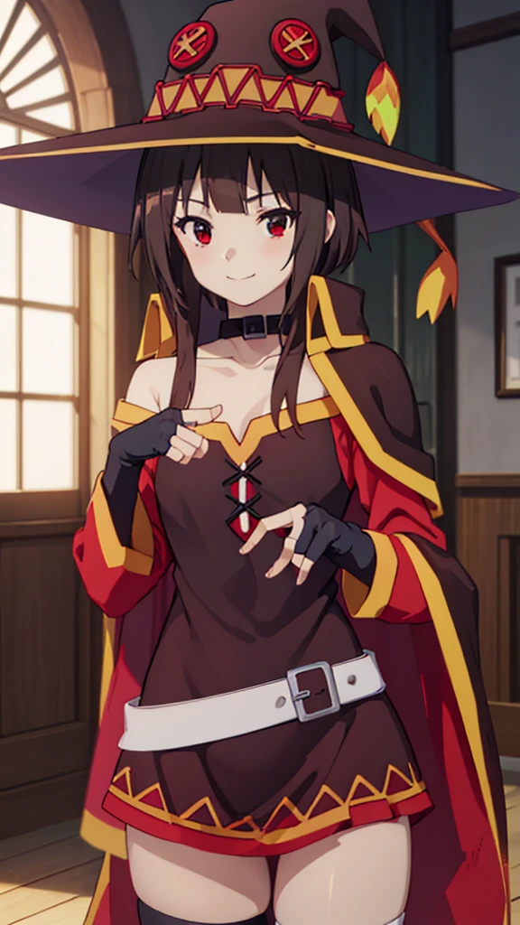 masterpiece, best quality, high resolution, best illustration, super fine illustration, (official art:0.8), (anime screencap:0.9), anime keyvisual, (perfect anatomy:1.1), 8k portrait, (detail focus fingers:1.2),
1girl,
Megumin,
Megumin \(konosuba\),
short hair with long locks,
brown hair,
(red eyes:1.2), (beatiful detailed eyes:1.2),
witch hat, black choker, black gloves, fingerless gloves,
small breasts,
off-shoulder dress, red dress, brown cape, long sleeves, single thighhigh, asymmetrical legwear, bandaged leg,
smile,
looking at viewer,
cowboy shot,
dynamic pose,
natural light, background of indoor,