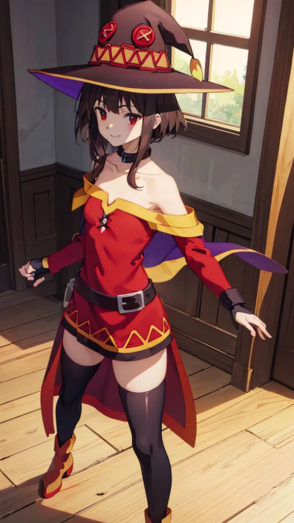 masterpiece, best quality, high resolution, best illustration, super fine illustration, (official art:0.8), (anime screencap:0.9), anime keyvisual, (perfect anatomy:1.1), 8k portrait, (detail focus fingers:1.2), 
1girl,
Megumin, 
Megumin \(konosuba\),
short hair with long locks,
brown hair, 
(red eyes:1.2), (beatiful detailed eyes:1.2), 
witch hat, black choker, black gloves, fingerless gloves,  
small breasts, 
off-shoulder dress, red dress, brown cape, long sleeves, single thighhigh, asymmetrical legwear, bandaged leg, 
smile, 
looking at viewer, 
cowboy shot, 
dynamic pose, 
natural light, background of indoor, 