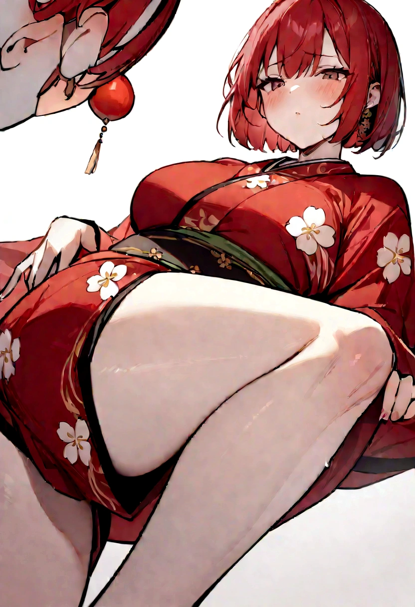 (masterpiece, best quality:1.2), 1girl, 独奏,Short bob with a front drop、Plum blossom、Plum family crest、Red kimono、Red Hair、Bob with a Falling Front、Plum motif accessories、Plum pattern、White background、