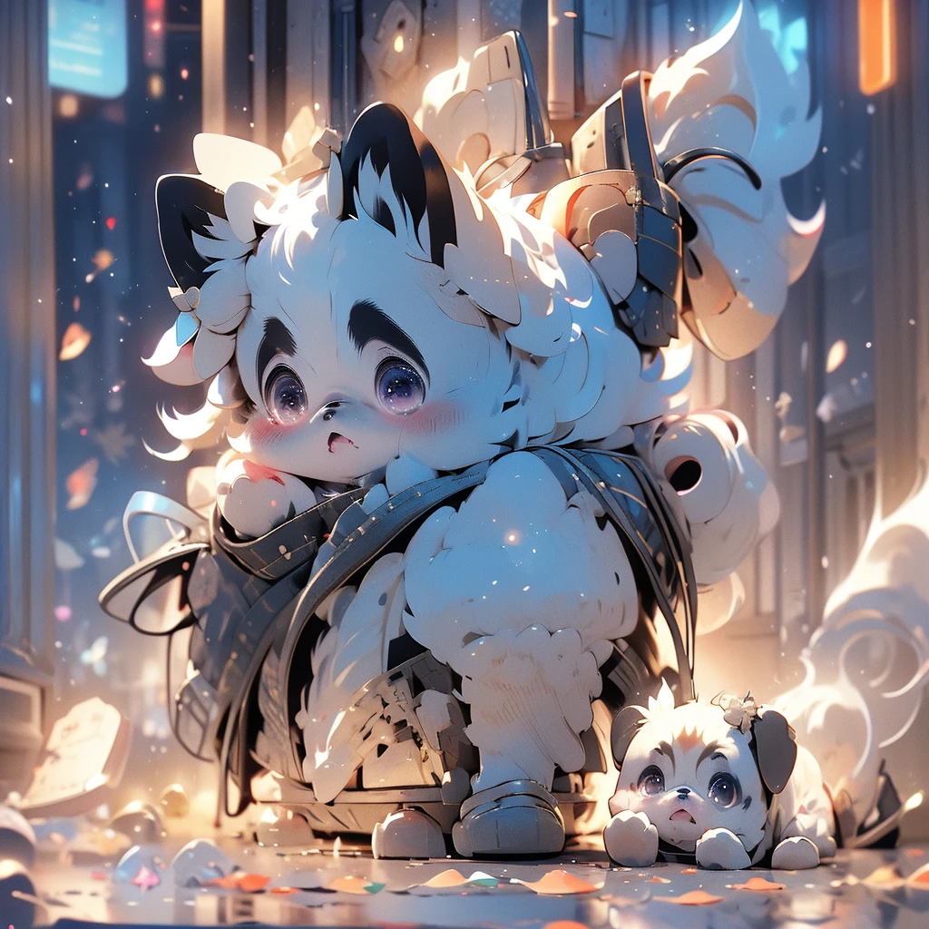 In the city、1 Pug puppy、(((Round black fur on forehead:1.3)))、(((Tears:3.0)))