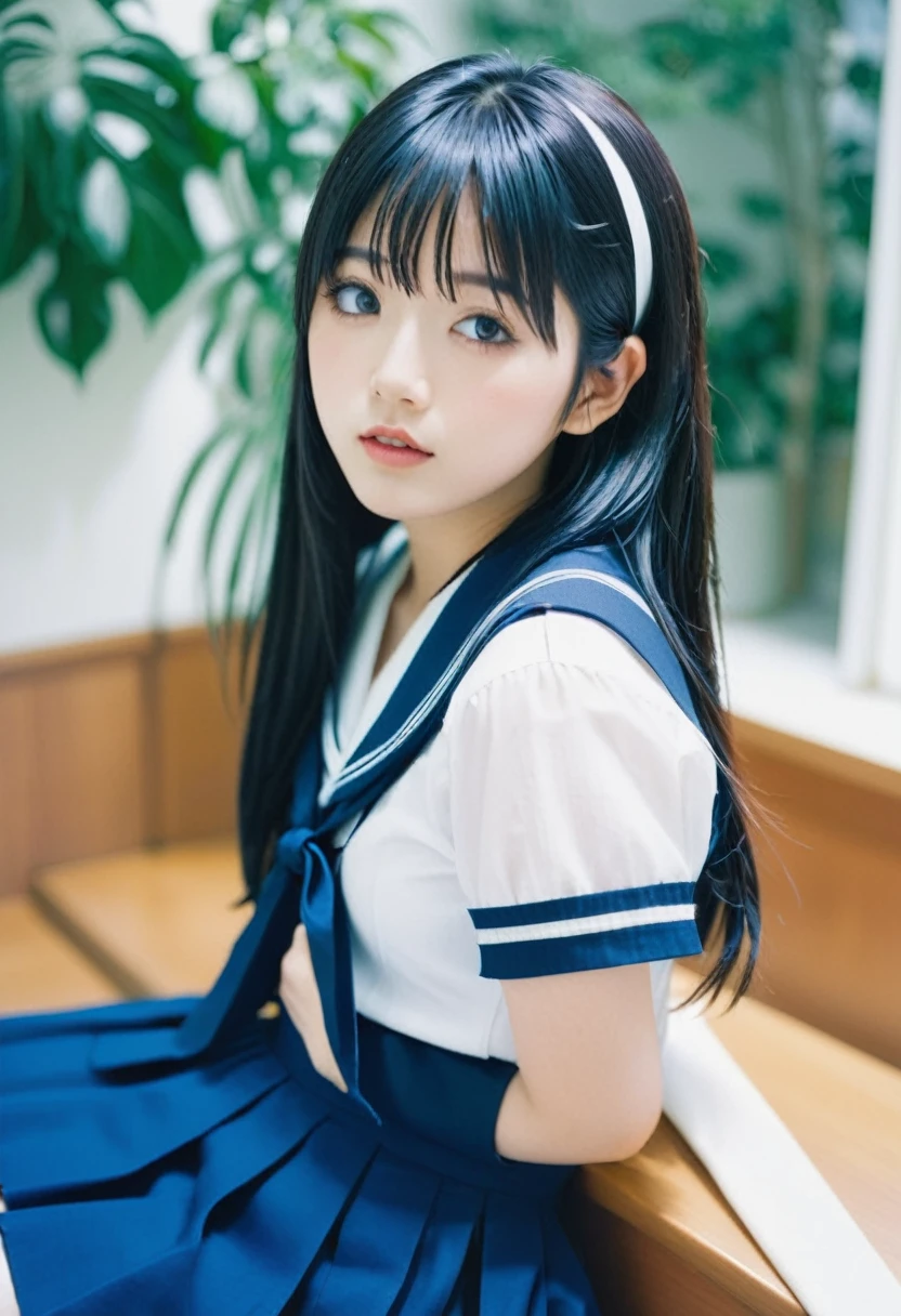 instax, snapshot, Realistic, Photography, jpop girl group's girl, Japanese-idol-face girl, A girl with a face like a beautiful anime cosplayer, 17-years-old, kawaii, Japanese sailor , black hair, straight hair, Lomography, blue and white, cinematic shot, dynamic pose, dynamic angle, in the style of y2k aesthetic