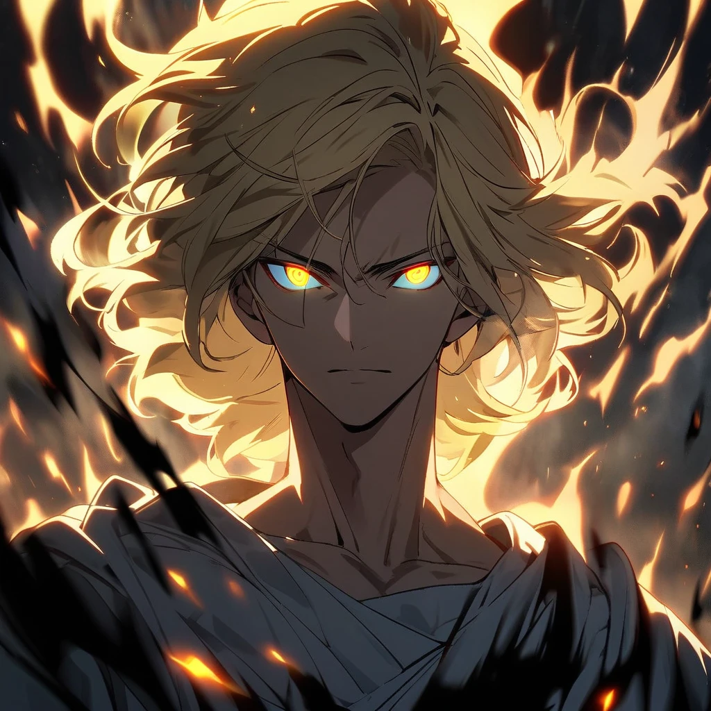 male, solo, handsome, blond hair, god, god eyes, glowing eyes, light, aura, holo