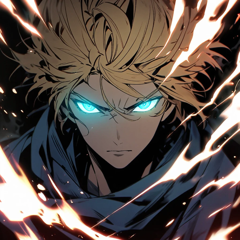 male, solo, handsome, blond hair, god, god eyes, glowing eyes, light, aura, holo