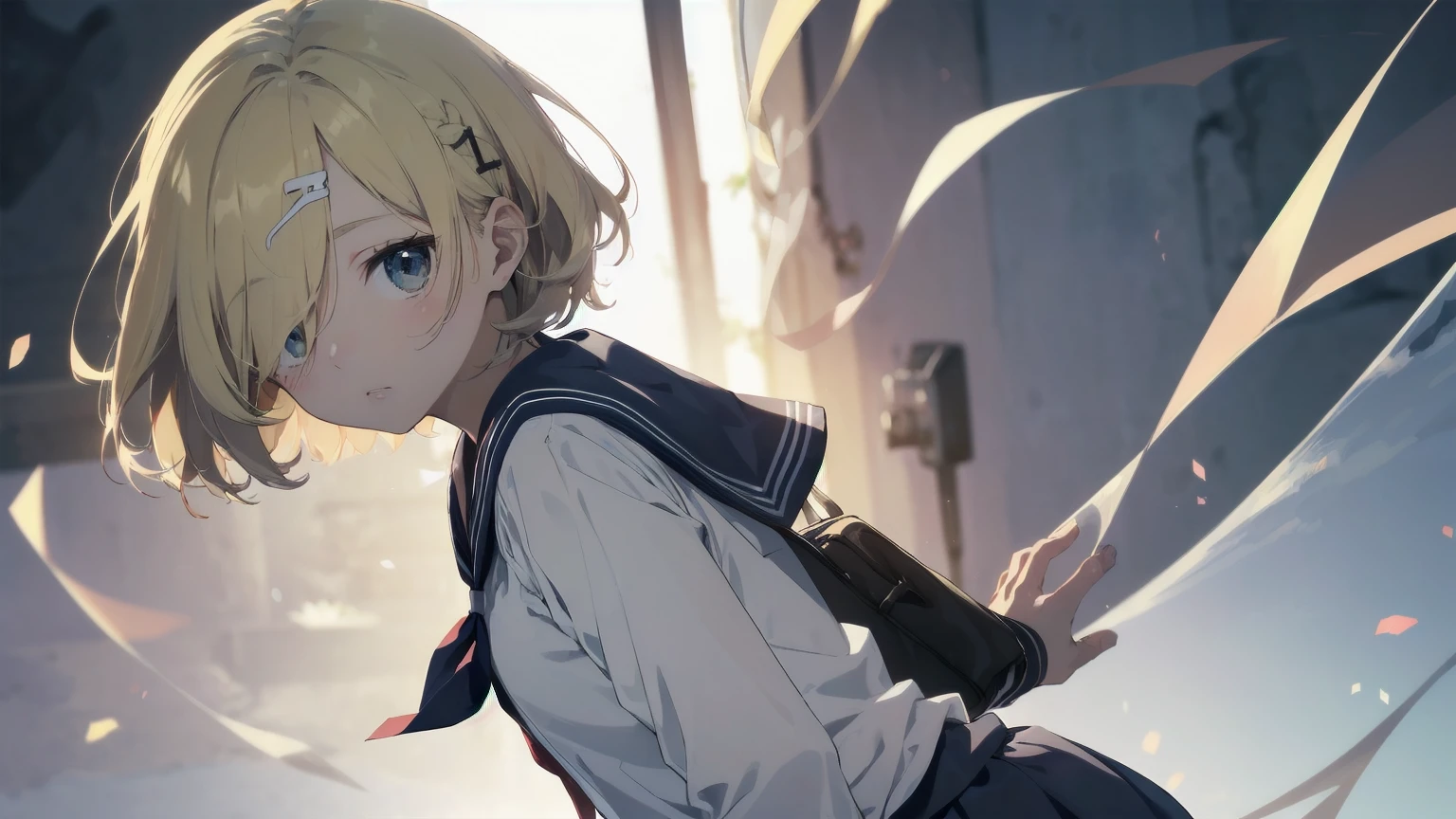 Highest quality, Anime Moe Art Style,Best Anime 8K Konachan Wallpaper,pixiv contest winners,Perfect Anatomy, (Please draw a girl walking sleepily to school..... ),break, 1 Girl, (alone,,,13 years old:1.3),high school student, short hair, amount, (Hair above one eye:1.7),All limbs, Full Finger,Medium Chest, Between the legs, Small eyes,accurate black eyes, Hair Clip, (Sailor suit:1.5),(school uniform:1.5) skirt,On the way to school. break,Very detailed,High resolution,Ultra-Dense Skin, Professional Lighting,8K eye detail, (Cute illustrations:1.2),blonde,blonde hair,Expressionless,(Hair on one eye:1.5),Sailor suit