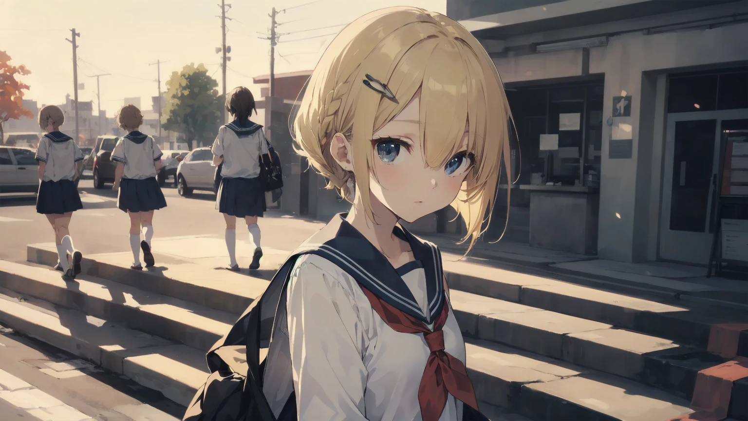 Highest quality, Anime Moe Art Style,Best Anime 8K Konachan Wallpaper,pixiv contest winners,Perfect Anatomy, (Please draw a girl walking sleepily to school..... ),break, 1 Girl, (alone,,,13 years old:1.3),high school student, short hair, amount, (Hair above one eye:1.7),All limbs, Full Finger,Medium Chest, Between the legs, Small eyes,accurate black eyes, Hair Clip, (Sailor suit:1.5),(school uniform:1.5) skirt,On the way to school. break,Very detailed,High resolution,Ultra-Dense Skin, Professional Lighting,8K eye detail, (Cute illustrations:1.2),blonde,blonde hair,Expressionless,(Hair on one eye:1.5),Sailor suit