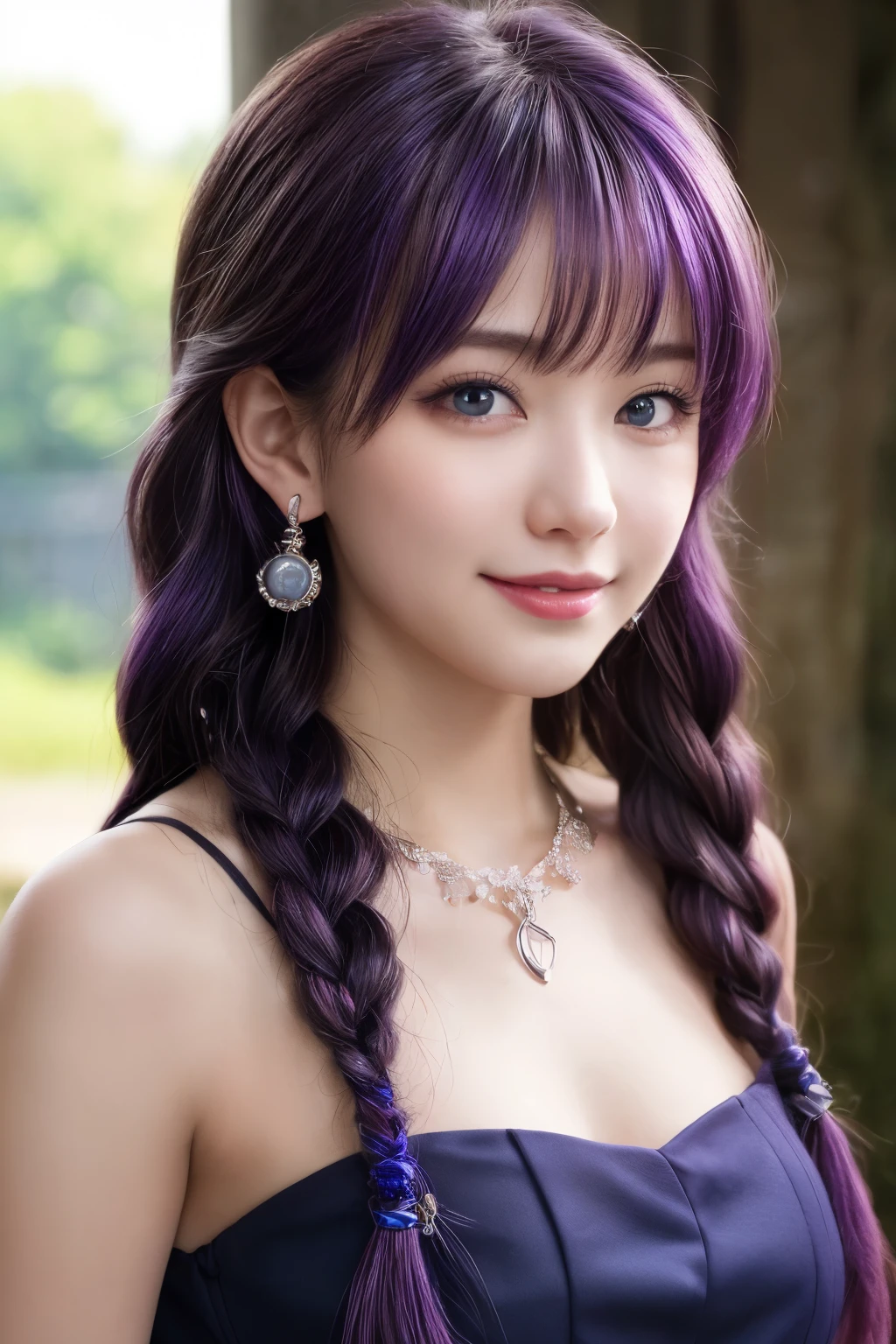 ((masterpiece)), ((best quality)), (ultra-detailed), ((kawaii)), cute, ((lovely)), ((extremely detailed)), (detailed face), (depth of fields), (detailed eye), (detailed facial features), (detailed clothes features), 4K, (8K), best quality, dynamic angle, (body shot), a pretty girl, 1 girl, solo, Japanese, (mystical ancient ruins, greek architecture, autumn), (beautiful navy blue dress:1.3), she wears a skimpy wizard dress, (beautiful purple hair:1.3), holding a wizard's wand, fishtail braid, beautiful blue eyes, ((beautiful eyes)), white teeth, earrings, bib necklace, smile, lens flare, shiny,