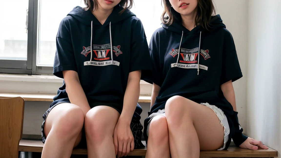 deux femmes ensemble de 18 ans sexy et mince ,short sleeve hoodie , jambe visible , se touche,salle de classe,position sensuel