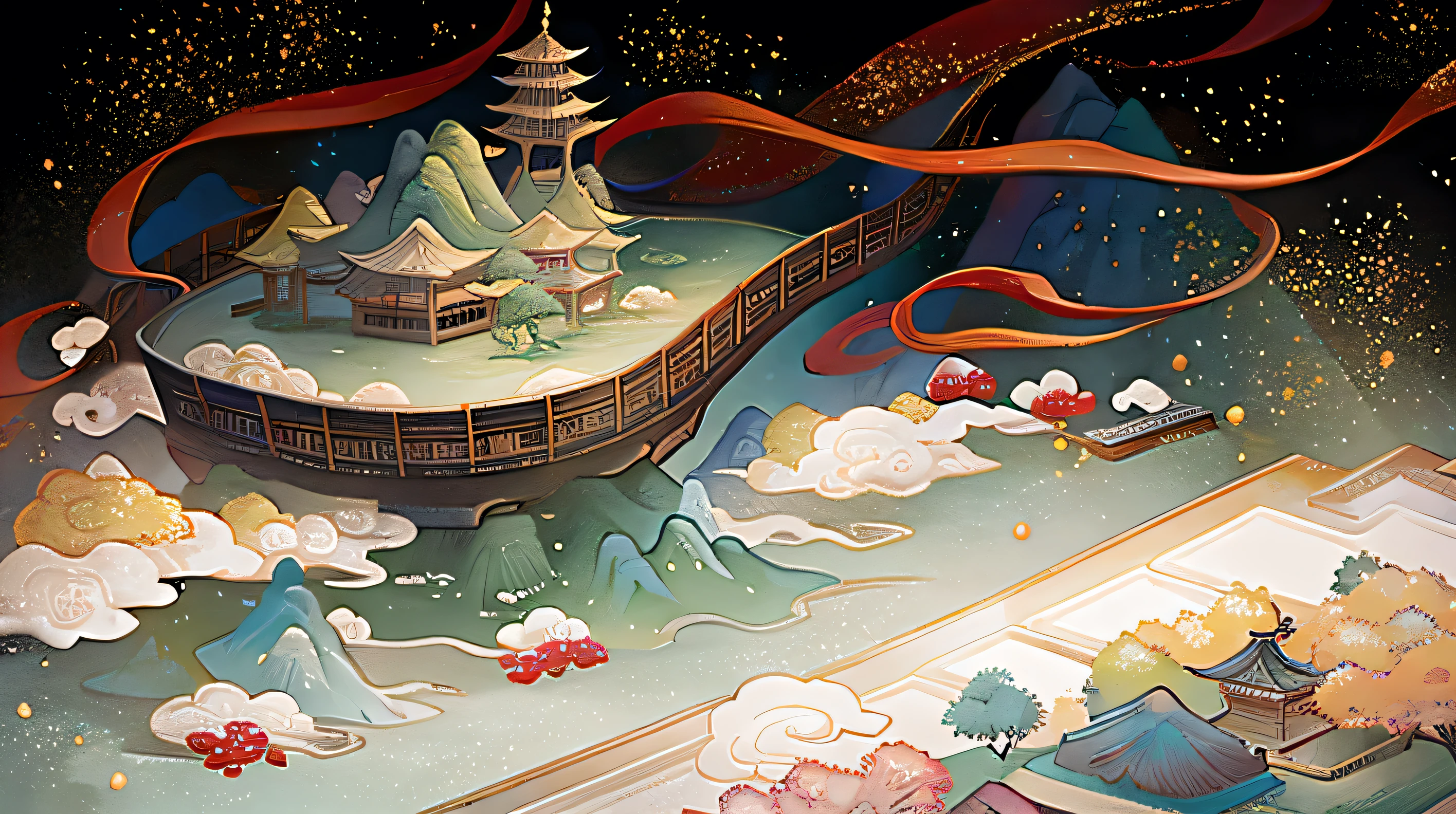 Highest quality,8K,Ultra Clear,Official Art, ancient chinese painting, ancient chinese background, Mountain々, Rivers, Auspicious clouds, Pavilion, sunlight, masterpiece, Super detailed, A magnificent composition, ultra HD, high quality, Very detailed, Official Art, Unified 8k wallpaper, Super detailed, 32k -- V 6