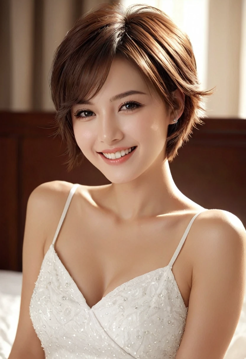 ( Short hair: 1.2),（Very detailed CG 8k wallpaper），（Incredibly stylish and beautiful），（masterpiece），（best quality:1.0），（초high resolution:1.0），A beautiful light comes on，perfect lightning，Realistic Shading，[high resolution]，Smooth, flawless, fair skin，Very exquisite facial details，Ultra-detailed，female，small head，laugh，jollity,summer，afternoon，closeup，at home，sitting on bed，，Enjoying a relaxed and drunken expression,furthermore，small face，（perfect body:1.1）,，normal chest，classy white dress, slim legs，