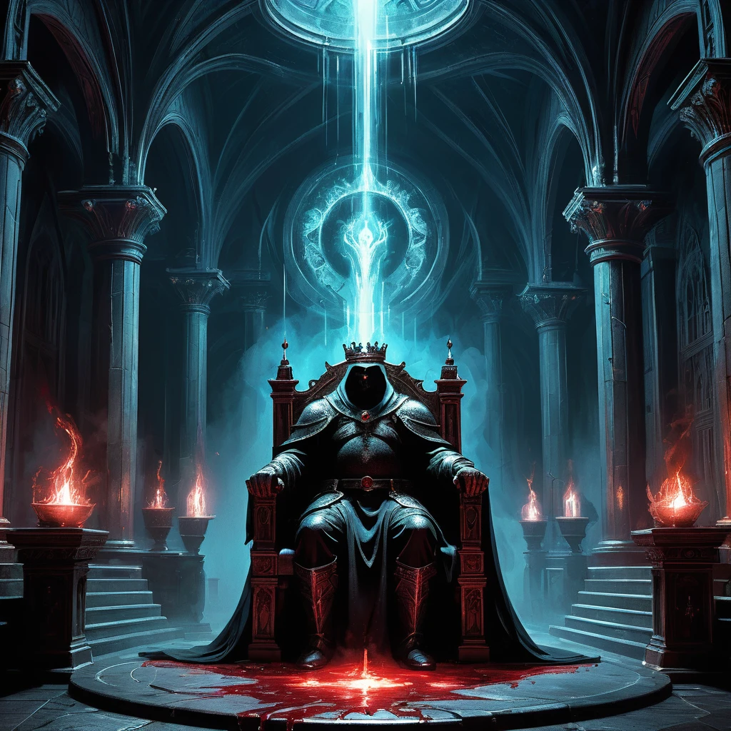 sits King Alaric on the throne. His long, black hair cascades around a crown of obsidian and ruby, a stark contrast to the dark and foreboding atmosphere that pervades his kingdom.

The throne room, dimly lit by flickering torches and the eerie glow of enchanted crystals embedded in the walls, is a place where shadows dance and whispers of forgotten curses linger in every corner. The high, vaulted ceilings are adorned with grim tapestries depicting scenes of legendary battles and eldritch horrors, reminders of the kingdom's blood-soaked history and the ever-present threat of the encroaching darkness.

King Alaric, though youthful in appearance, bears the weight of countless generations on his shoulders. His piercing blue eyes, filled with a weary determination, survey the hall where nobles and advisors murmur amongst themselves, plotting and scheming under the veneer of courtly decorum. The air is thick with tension and unspoken fears, for it is said that the throne itself is bound by an ancient, malevolent spirit that whispers secrets and demands sacrifices.

As Alaric contemplates the fate of his troubled realm, he is visited by a mysterious seer who foretells of an impending cataclysm—a darkness that will rise from the depths of the underworld to consume the land. To save his kingdom, Alaric must navigate a treacherous path of political intrigue, forbidden magic, and ancient prophecies. Allies will prove false, and enemies will strike from the shadows, all while the king grapples with his own inner demons and the cursed legacy of his bloodline.

In this dark medieval fantasy, the throne is not just a seat of power but a symbol of the eternal struggle between light and shadow, hope and despair. Will King Alaric rise to the challenge and lead his people through the coming darkness, or will he succumb to the forces that seek to destroy his kingdom from within?

As the storm rages outside and the walls of the citadel groan under the weight of centuries, the fat