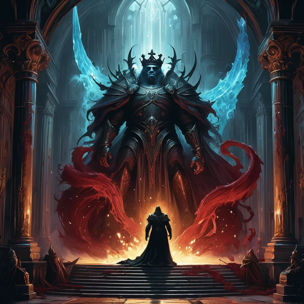 sits King Alaric on the throne. His long, black hair cascades around a crown of obsidian and ruby, a stark contrast to the dark and foreboding atmosphere that pervades his kingdom.
The throne room, dimly lit by flickering torches and the eerie glow of enchanted crystals embedded in the walls, is a place where shadows dance and whispers of forgotten curses linger in every corner. The high, vaulted ceilings are adorned with grim tapestries depicting scenes of legendary battles and eldritch horrors, reminders of the kingdom's blood-soaked history and the ever-present threat of the encroaching darkness.
King Alaric, though youthful in appearance, bears the weight of countless generations on his shoulders. His piercing blue eyes, filled with a weary determination, survey the hall where nobles and advisors murmur amongst themselves, plotting and scheming under the veneer of courtly decorum. The air is thick with tension and unspoken fears, for it is said that the throne itself is bound by an ancient, malevolent spirit that whispers secrets and demands sacrifices.
As Alaric contemplates the fate of his troubled realm, he is visited by a mysterious seer who foretells of an impending cataclysm—a darkness that will rise from the depths of the underworld to consume the land. To save his kingdom, Alaric must navigate a treacherous path of political intrigue, forbidden magic, and ancient prophecies. Allies will prove false, and enemies will strike from the shadows, all while the king grapples with his own inner demons and the cursed legacy of his bloodline.
In this dark medieval fantasy, the throne is not just a seat of power but a symbol of the eternal struggle between light and shadow, hope and despair. Will King Alaric rise to the challenge and lead his people through the coming darkness, or will he succumb to the forces that seek to destroy his kingdom from within?
As the storm rages outside and the walls of the citadel groan under the weight of centuries, the fat