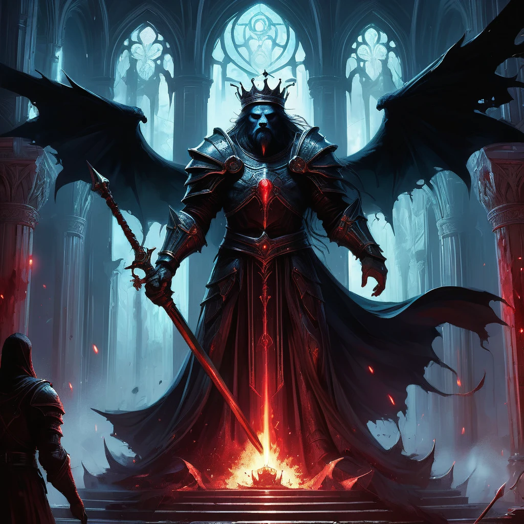 sits King Alaric on the throne. His long, black hair cascades around a crown of obsidian and ruby, a stark contrast to the dark and foreboding atmosphere that pervades his kingdom.
The throne room, dimly lit by flickering torches and the eerie glow of enchanted crystals embedded in the walls, is a place where shadows dance and whispers of forgotten curses linger in every corner. The high, vaulted ceilings are adorned with grim tapestries depicting scenes of legendary battles and eldritch horrors, reminders of the kingdom's blood-soaked history and the ever-present threat of the encroaching darkness.
King Alaric, though youthful in appearance, bears the weight of countless generations on his shoulders. His piercing blue eyes, filled with a weary determination, survey the hall where nobles and advisors murmur amongst themselves, plotting and scheming under the veneer of courtly decorum. The air is thick with tension and unspoken fears, for it is said that the throne itself is bound by an ancient, malevolent spirit that whispers secrets and demands sacrifices.
As Alaric contemplates the fate of his troubled realm, he is visited by a mysterious seer who foretells of an impending cataclysm—a darkness that will rise from the depths of the underworld to consume the land. To save his kingdom, Alaric must navigate a treacherous path of political intrigue, forbidden magic, and ancient prophecies. Allies will prove false, and enemies will strike from the shadows, all while the king grapples with his own inner demons and the cursed legacy of his bloodline.
In this dark medieval fantasy, the throne is not just a seat of power but a symbol of the eternal struggle between light and shadow, hope and despair. Will King Alaric rise to the challenge and lead his people through the coming darkness, or will he succumb to the forces that seek to destroy his kingdom from within?
As the storm rages outside and the walls of the citadel groan under the weight of centuries, the fat