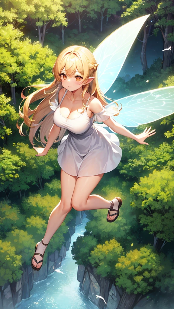 Showing the whole body, cute, baby face, big breasts, flying in the sky, in the forest, simple white dress, long hair, alone, short, fairy wings, honey blonde hair, orange eyes, flying
