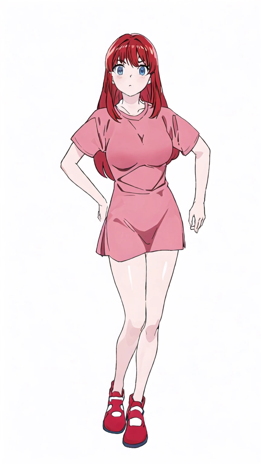 masterpiece, best quality, full body, anime girl, red hair blue eyes red t shirt and whiteshort