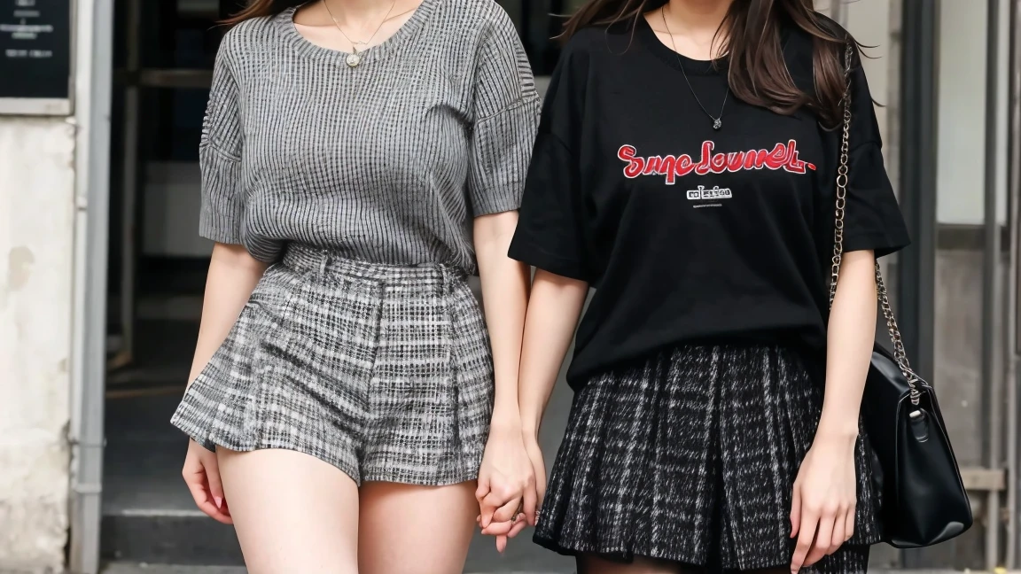 deux femmes ensemble de 18 ans sexy et mince , black short sleeve checkered sweater, jambe visible , se touche,salle de classe