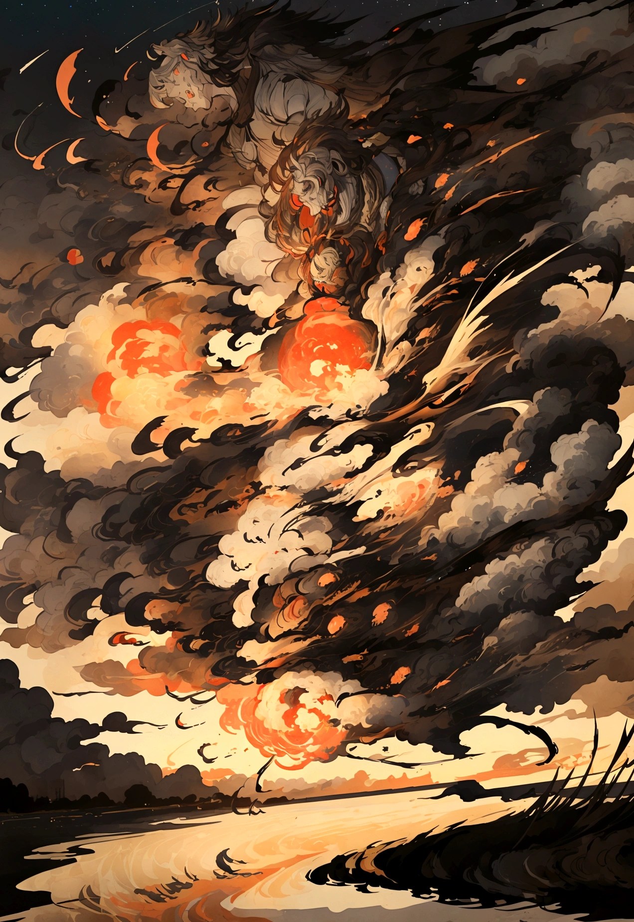 In the night sky, a man&#39;s severed head is flying across the surface of the river at an incredible speed.。The severed head has a hairstyle like a fallen warrior。Flames are flickering around the severed head like wheels.。The severed head has a pale, blank look on its face.。Set the background to a tranquil rural landscape with a dark night sky。