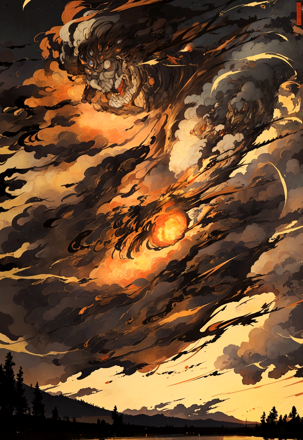In the night sky, a man&#39;s severed head is flying across the surface of the river at an incredible speed.。The severed head has a hairstyle like a fallen warrior。Flames are flickering around the severed head like wheels.。The severed head has a pale, blank look on its face.。Set the background to a tranquil rural landscape with a dark night sky。