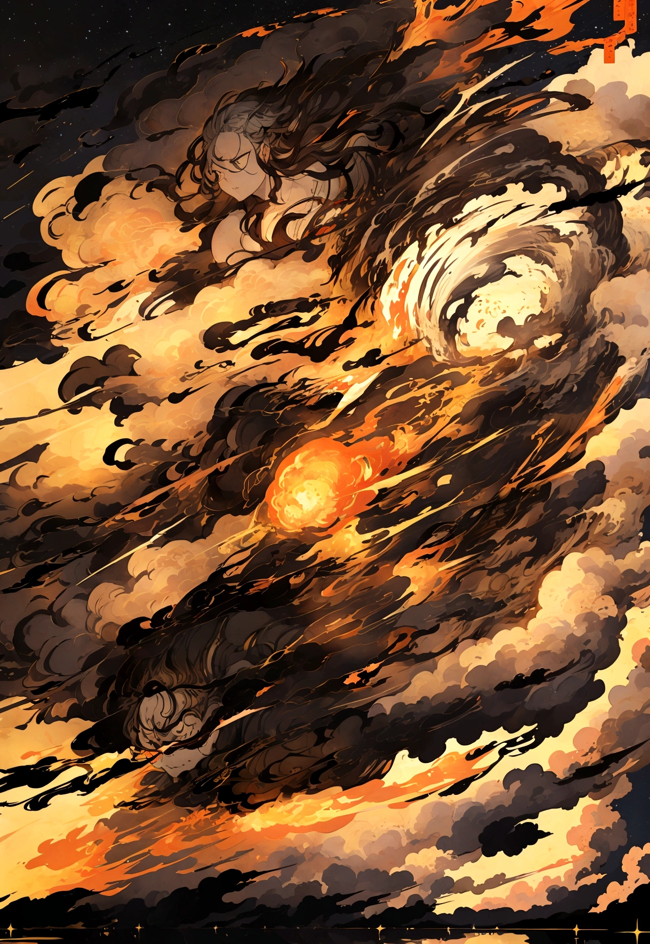 In the night sky, a man's severed head is flying across the surface of the river at an incredible speed.。The severed head has a hairstyle like a fallen warrior。Flames are flickering around the severed head like wheels.。The severed head has a pale, blank look on its face.。Set the background to a tranquil rural landscape with a dark night sky。