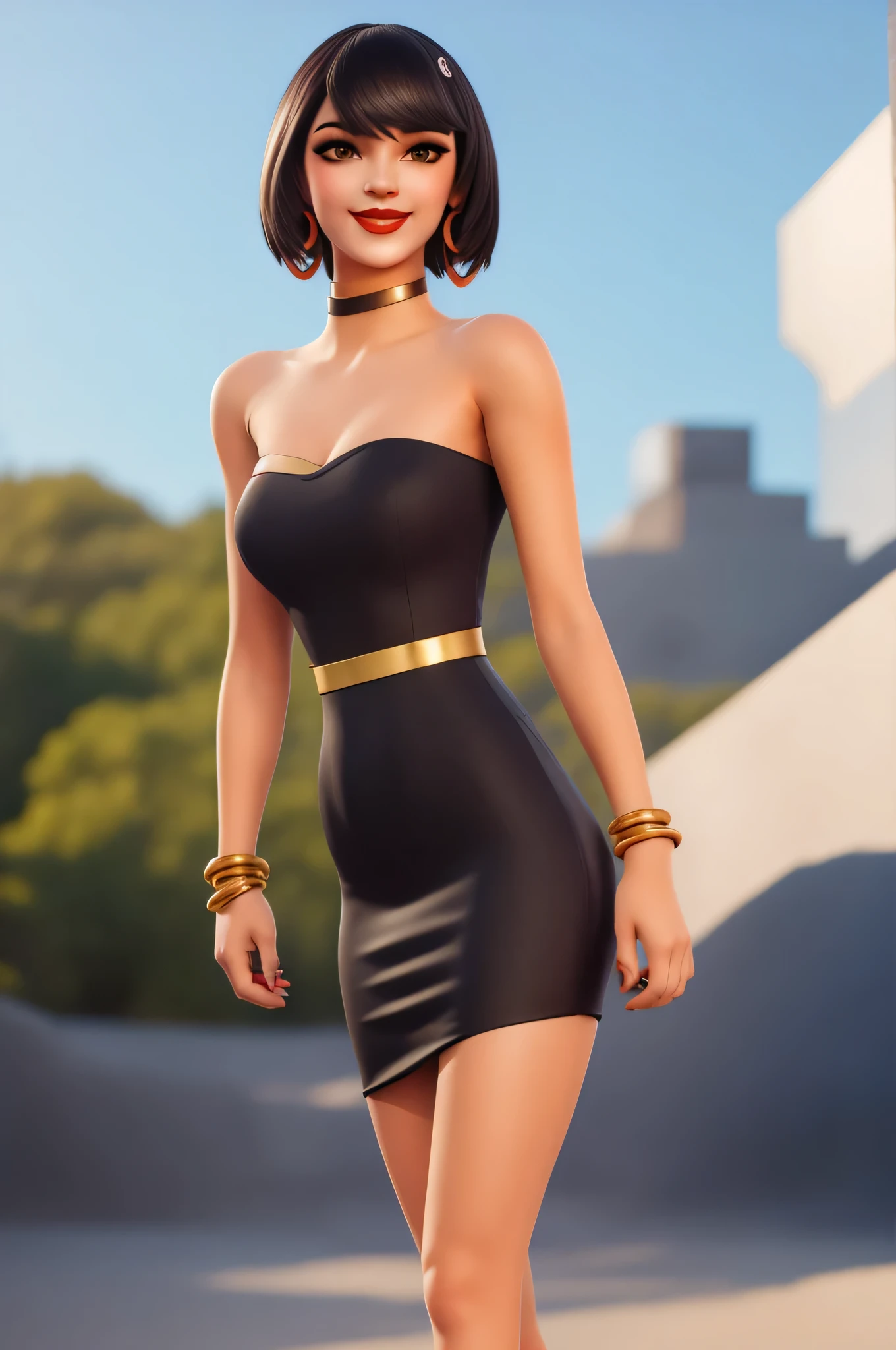 xyzevie, 1 girl, solo, breasts, looking at viewer, smile, short hair, black hair, brown eyes, jewelry, medium breasts, gold bracelet, red lips, strapless black tube dress, makeup, black choker, beach background, gold hoop earrings, bangle, ocean, blue skies, busy area street
