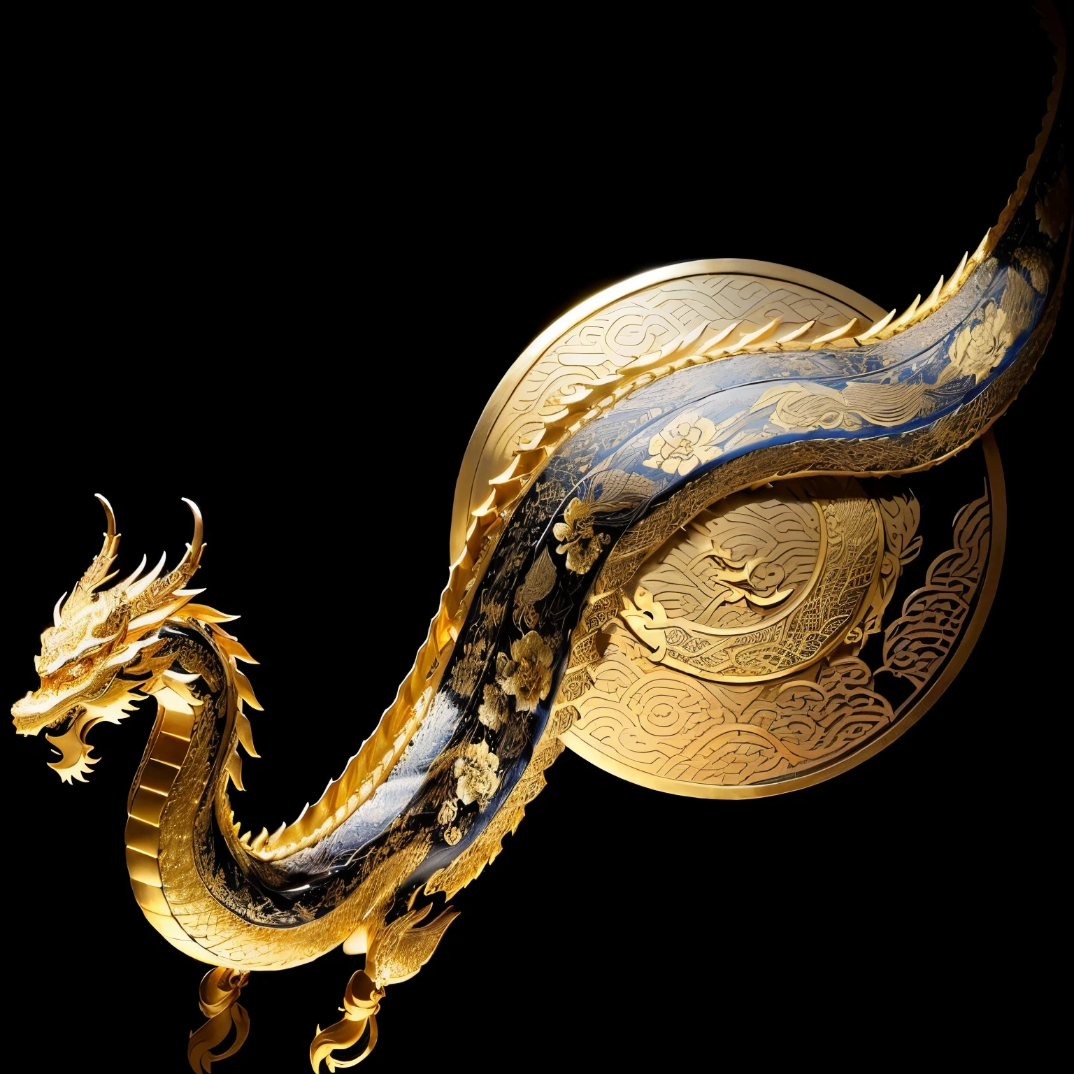 黑色背景上一只Chinese dragon的特写,There are golden auspicious clouds on the background,Chinese Four-clawed Dragon, 金线embroidery, ornate gold, Chinese style pattern, ornate golden background, Chinese dragon, golden filigree, Gold delicate lines, Intricate golden lines, golden inlays, Gold Inlay,embroidery,embroidery,A fine masterpiece,Chinese dragon有四只爪子高清