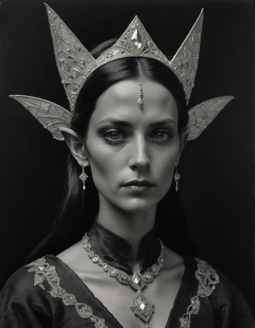 by Moebius Jean Giraud, by Théodore Géricault, ((((Rough monochrome, daguerreotype)))), a powerful (((high elf noblewoman, medium ears))), red eye pupils, bronze skin, tanned, dignified, sensual, facing viewer. She is wearing a black Byzantine caftan with Slavic elements, a fontange, embroidered diamond shape symbology, moth symbology, sashes, diamond shape pendant.
