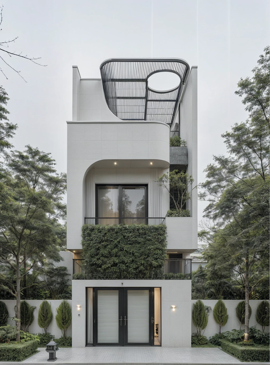 RAW photo, a photo of a modern house, (curvilinear archrchitecture:1.4), Wabisabi style rounded wall, white wall, steel black gate, sidewalk, sidewalk trees, ((grey gate:1.2)), road, viet nam modern residence, ((architectural shot)), rough white wall, new residential area, wide angle exterior 2022, contemporary house, exterior photography, masterpiece, contemporary architecture, overcast, indirect lighting
