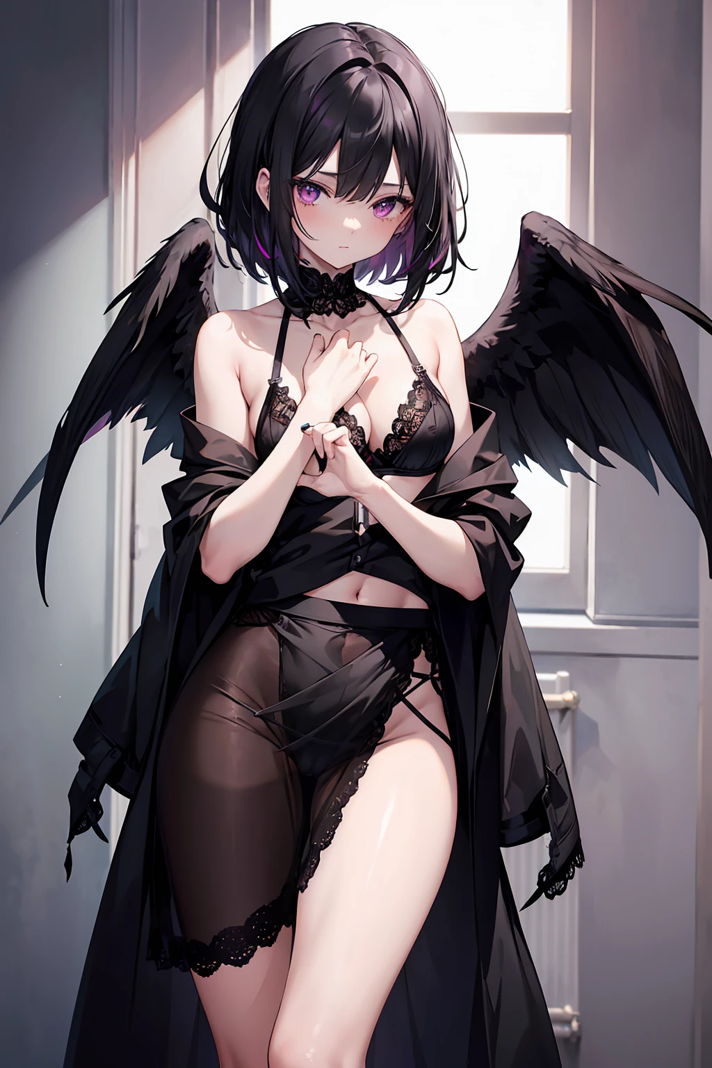 young woman with black angel wings, magenta eyes, black hair, perfect fingers, anatomically correct, hiding arms behind back, hands behind back, wearing a black lace bra and , ,