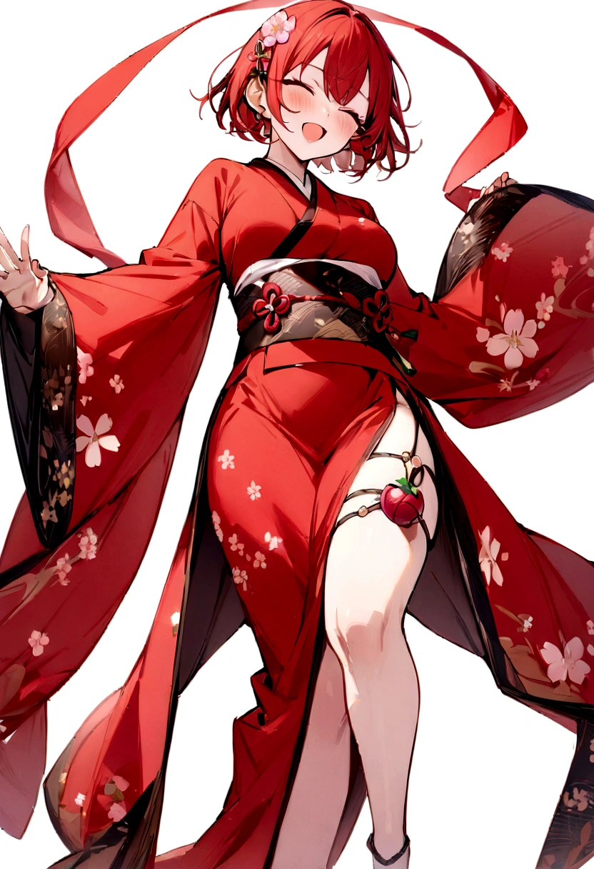 (masterpiece, best quality:1.2), 1girl, 独奏,Short bob with a front drop、Plum blossom、Plum family crest、Red kimono、Red Hair、Bob with a Falling Front、Plum motif accessories、Plum pattern、White background、whole body