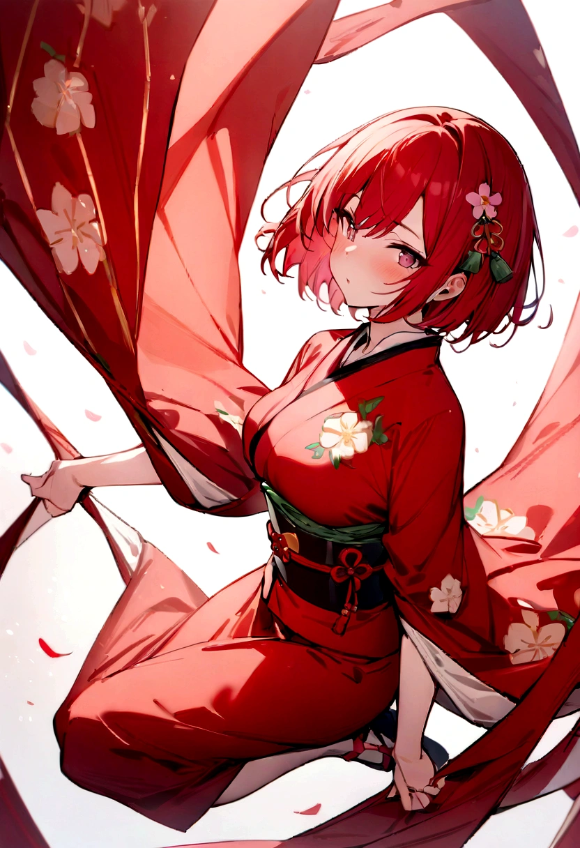 (masterpiece, best quality:1.2), 1girl, 独奏,Short bob with a front drop、Plum blossom、Plum family crest、Red kimono、Red Hair、Bob with a Falling Front、Plum motif accessories、Plum pattern、White background、whole body