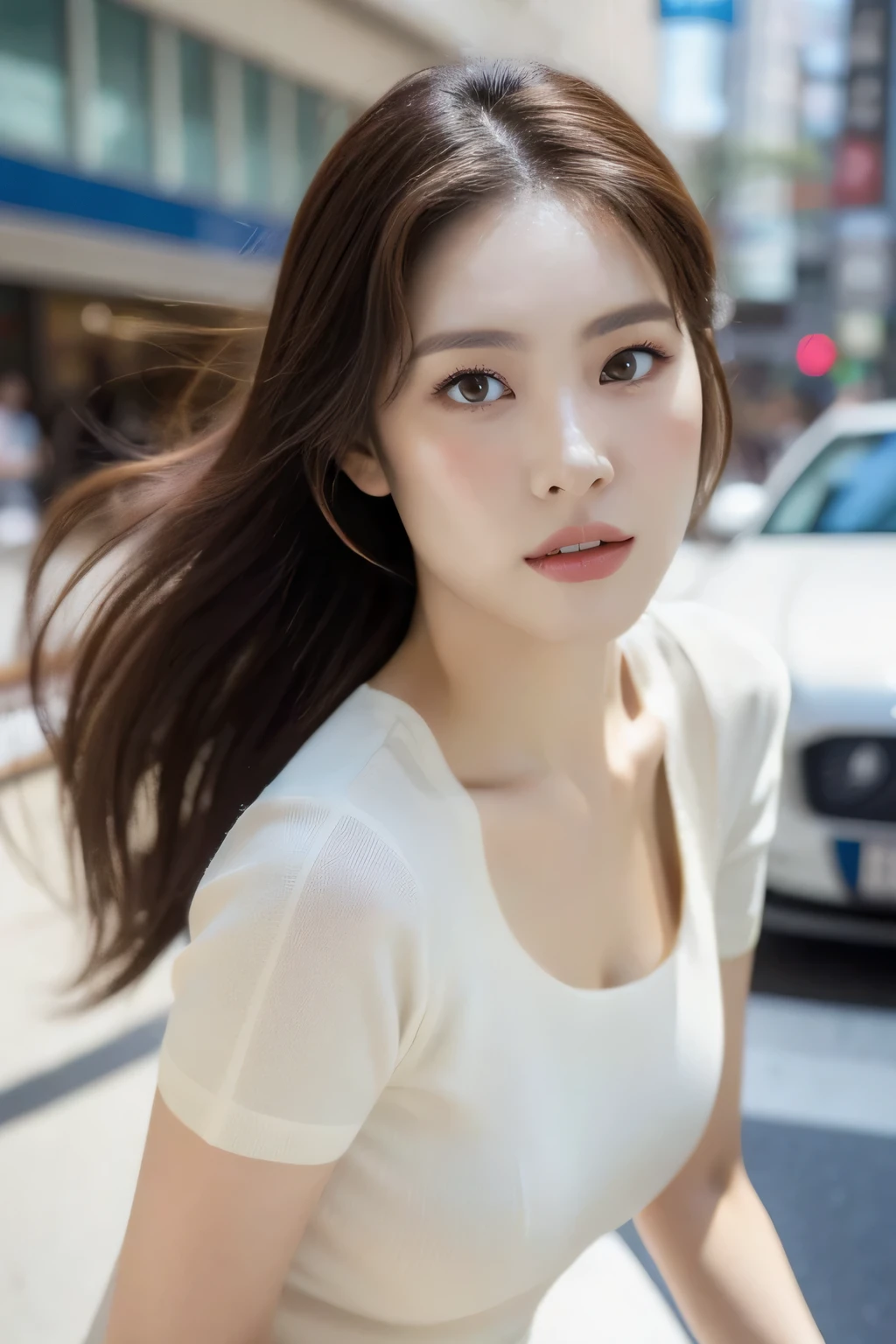 (Best quality, 8k, 32k, Masterpiece, realism, photorealistic, UHD:1.2),Photo of Pretty Japanese woman, 1girl, kiki, mid-twenty mature milf, (medium dark brown ponytail), double eyelids, natural medium breasts, wide hips, long-legged, mature female body, pale skin, (exquisite detailed real skin:1.2), white short sleeve summer knit dress, thigh-length, standing on city central, crowded, street snaps, view from below, seductive face, sexy eyes, look down, faint smile, look at viewer, from below, thigh focus, white teeth, hyper-realistic photo, detailed fabric texture
