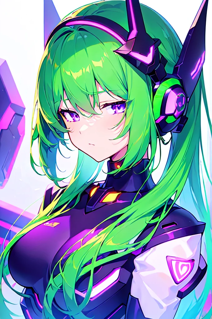 [(WHITE BACKGROUND:1.5),::5], ((((masterpiece)))), high quality, ultra very high resolution, full color, (((solo))), ((Mecha musume)), Mecha girl, ((Green hair)), (Purple eyes), anime, ((upper body)), neon light, cyborg body, (Purple neon effect:1.2)