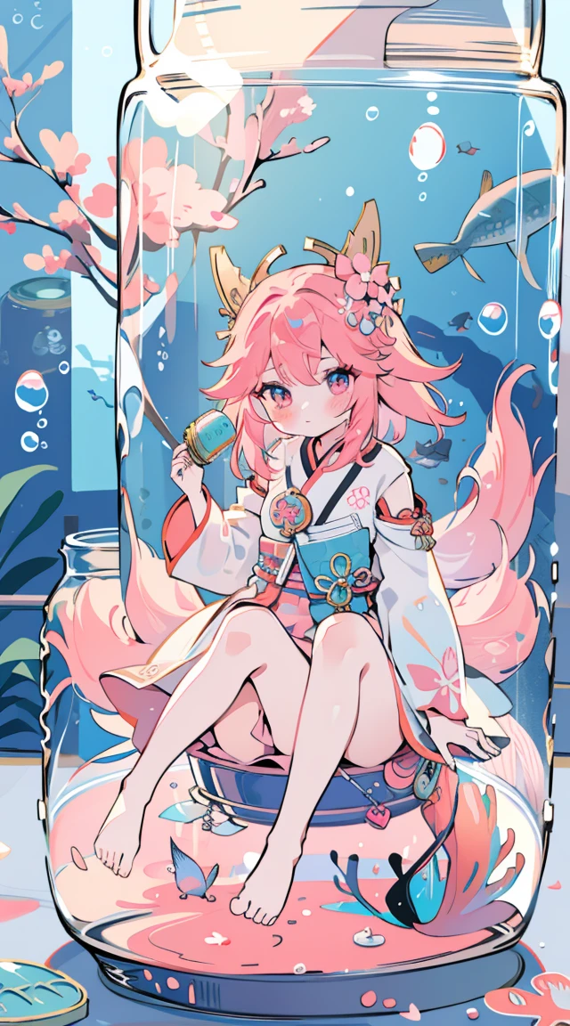 ((((((In the tank))))))、A girl, ((Full Body Love)), Yae Yoshiko, Fox ears, Hair accessories, Japanese clothes, Pink Hair, ((((In a jar))))、cute, small, piece, Long sleeve, sit, barefoot, indoors, Naked, desk, knee, paperwork, (fish, bubble, Underwater, bubble),