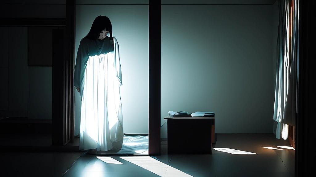 It was a ghost of the woman without a lower part of the body that appeared from darkness.
へは