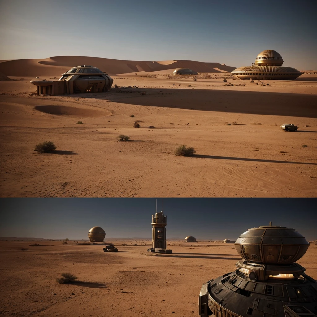Photorealistic Sci-fi movie scenes featuring the interiors of the royal African sci-fi fortresses in a warworld alien invasion desert planet, movie in the style of Zack Snyder