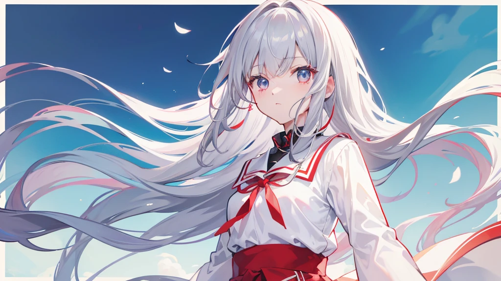 4K, Highest quality, Female student, Gray Hair, Medium length hair, Red colored eyes, Sky blue shirt, White Dress，Anime Big ,Don&#39;Don&#39;t show your hands