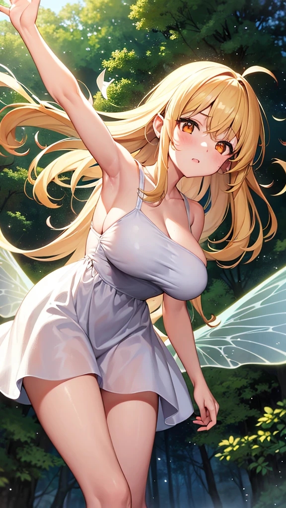 Showing the whole body, cute, baby face, big breasts, flying in the sky, in the forest, simple white dress, long hair, alone, short, fairy wings, honey blonde hair, orange eyes, flying