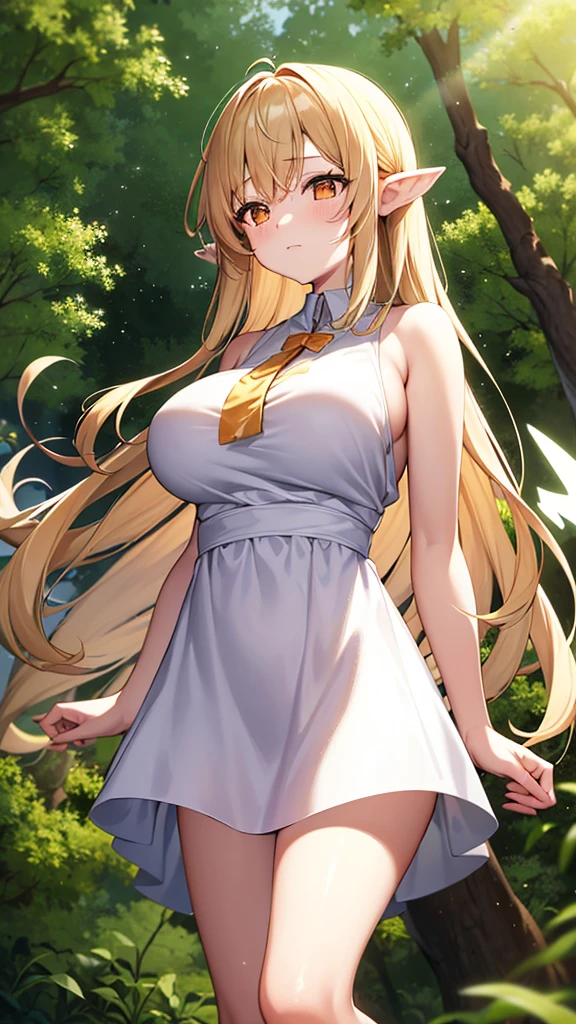Showing the whole body, cute, baby face, big breasts, flying in the sky, in the forest, simple white dress, long hair, alone, short, fairy wings, honey blonde hair, orange eyes, flying