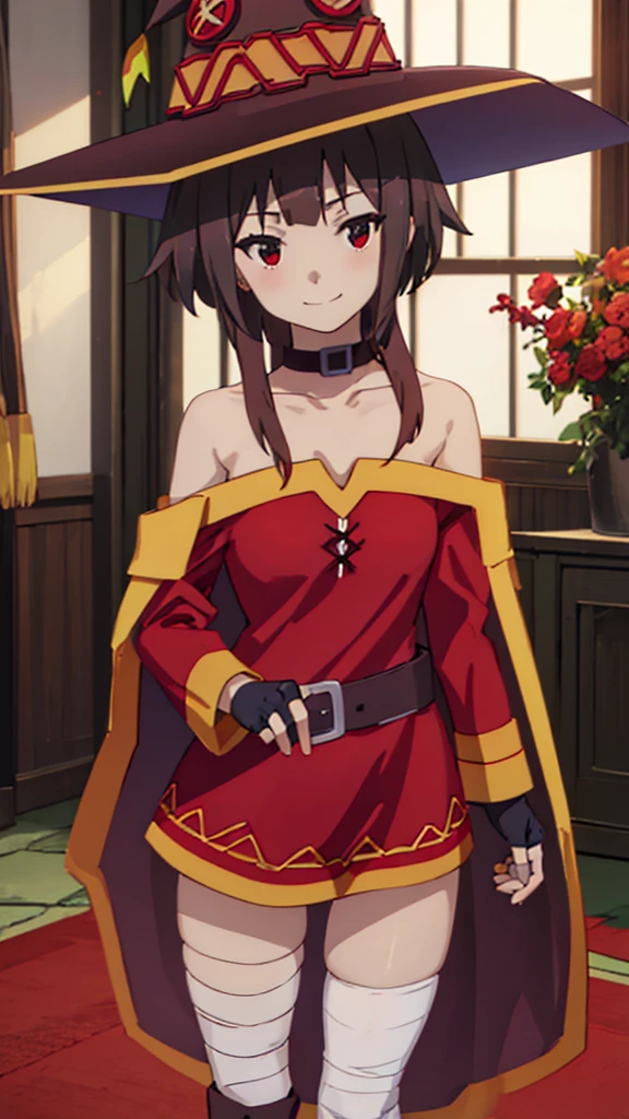masterpiece, best quality, high resolution, best illustration, super fine illustration, (official art:0.8), (anime screencap:0.9), anime keyvisual, (perfect anatomy:1.1), 8k portrait, (detail focus fingers:1.2),
1girl,
Megumin,
Megumin \(konosuba\),
short hair with long locks,
brown hair,
(red eyes:1.2), (beatiful detailed eyes:1.2),
witch hat, black choker, black gloves, fingerless gloves,
small breasts,
off-shoulder dress, red dress, brown cape, long sleeves, single thighhigh, asymmetrical legwear, (bandaged leg:1.2),
smile,
looking at viewer,
cowboy shot,
natural light, background of indoor,