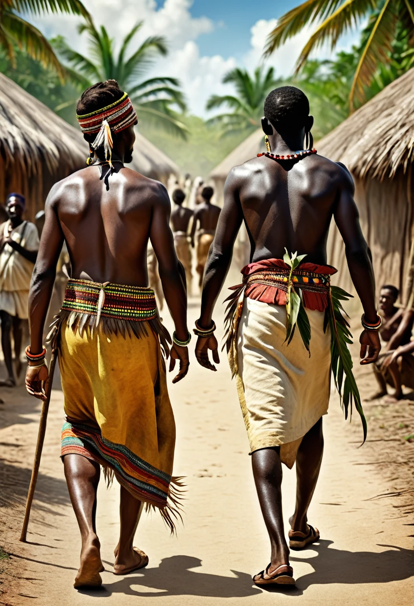 realistic illustration of carib indians on one side and africans on other side, walking towards each other, old times, background carib old time style, full picture, detailed picture