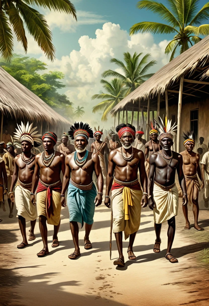 realistic illustration of carib indians on one side and africans on other side, walking towards each other, old times, background carib old time style, full picture, detailed picture