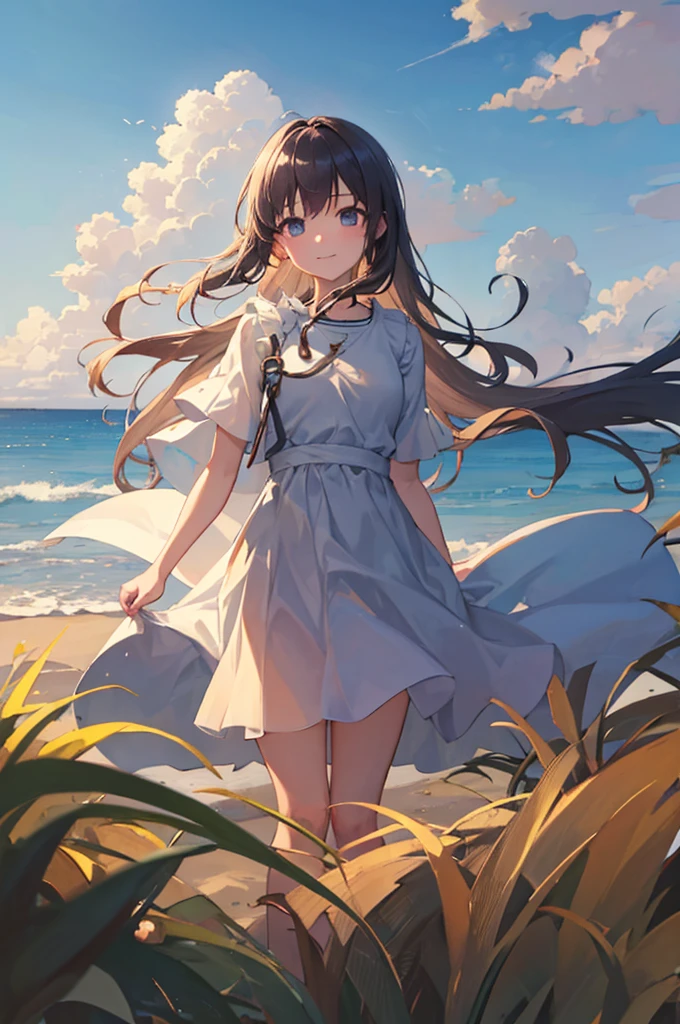 masterpiece, highres, beautiful landscape, high detailed, 1 girl, mid-ground character, beach, studio light, depth of field. The girl stands on the beach with her colorful umbrella, looks at viewer with a smile. She ưears a white beautiful dress, her hair blows in the wind. The landscape is peaceful and serene. Mildly clouds, floating clouds, light clouds, billowing clouds. The sunlight glistens on the surface of the sea. The waves of the sea gently lap against the shore, creating a serene and soothing sound.