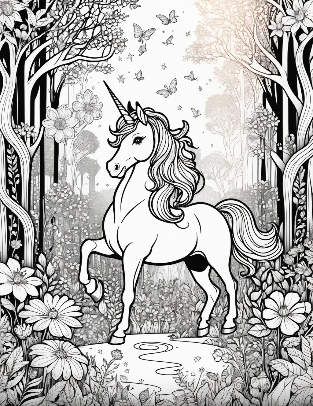 Enchanted forest clearing with unicorn, fairies, and magical flowers, detailed line drawing, black and white illustration, coloring book style, line art, black and white, intricate details, coloring book page, white background, detailed pen drawing, high contrast, clean lines, suitable for coloring, vector-like, easy to color, bold lines, black edges