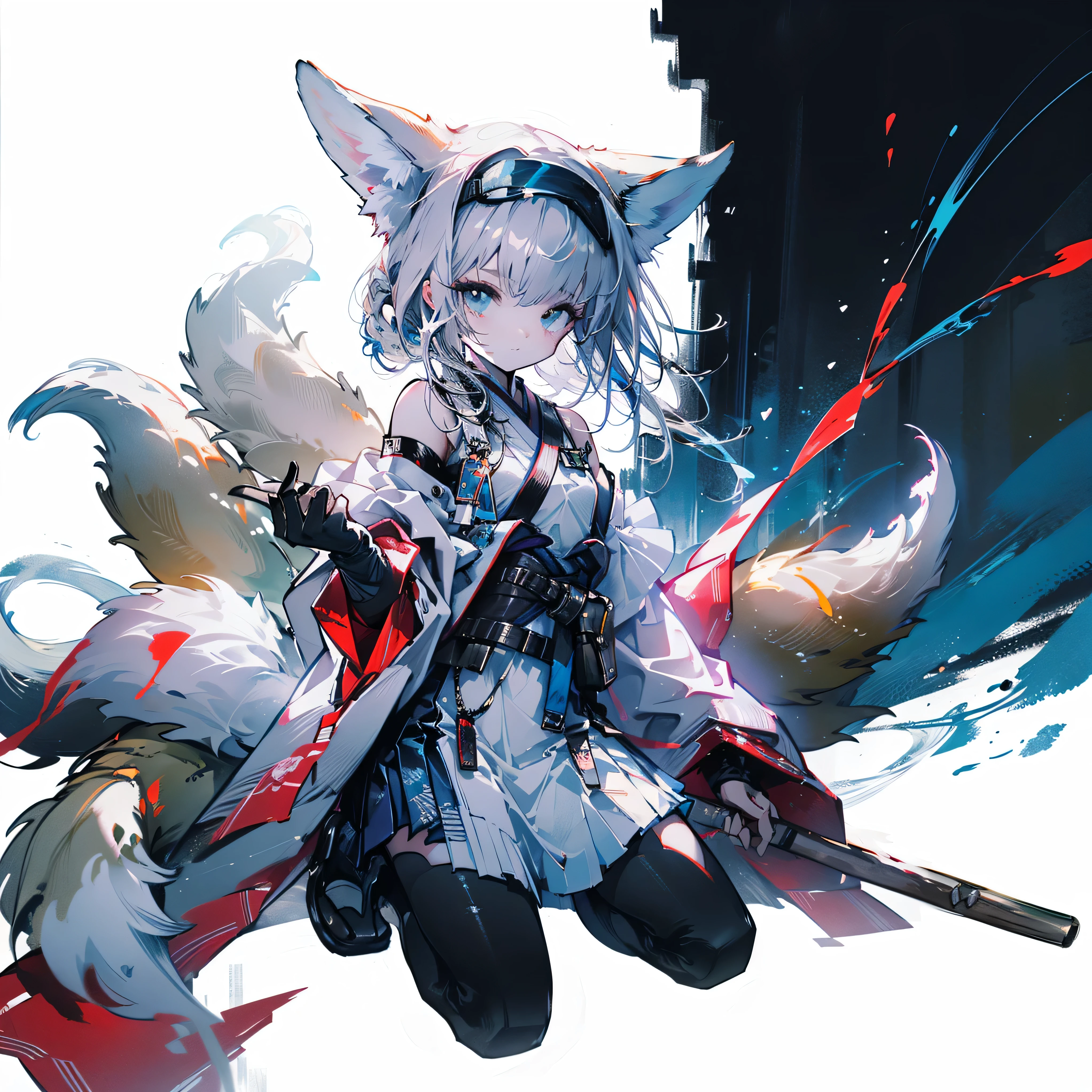 White background, Blue Skirt,Single woman, Solitary, (kneel), (kneel on white glass surface), (point, small), (White background), (Witch Hat), curly, Looking at the audience, panoramic, Imagine, It all started on the night of the Ark., Hot topics on the art site pixiv, Ark of Tomorrow, pixiv Digital Art,Onmyoji detailed art, Japanese anime fantasy illustration, author:hero, anime art wallpaper 8 k, Sky Witch, pixiv style, Anime Art Wallpaper 4K, Anime Art Wallpaper 4K, (Beautiful background), Ink painting style,Beautiful colors,Decisive cuts,Wide blank area, Blank, space,masterpiece, Super exquisite,Epic Works,expensive、expensive quality,best quality,4K