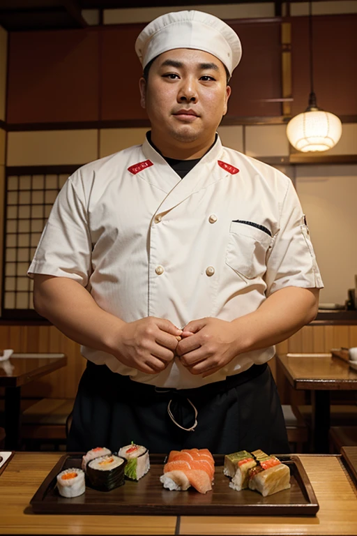 a fat male Japanese sushi chef, in a restaurant that says "MARKET CITY"