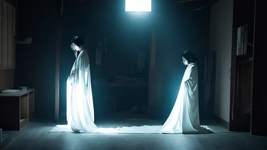 It was a ghost of the woman without a lower part of the body that appeared from darkness.
へは